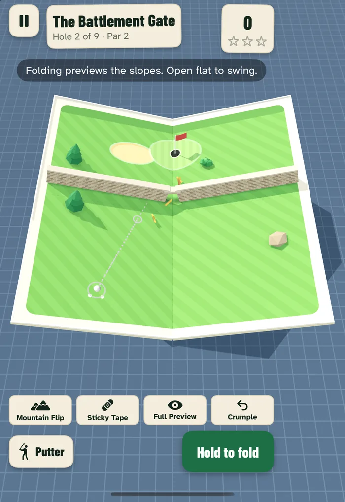 Development screenshot of a paper golf course with a castle gatehouse